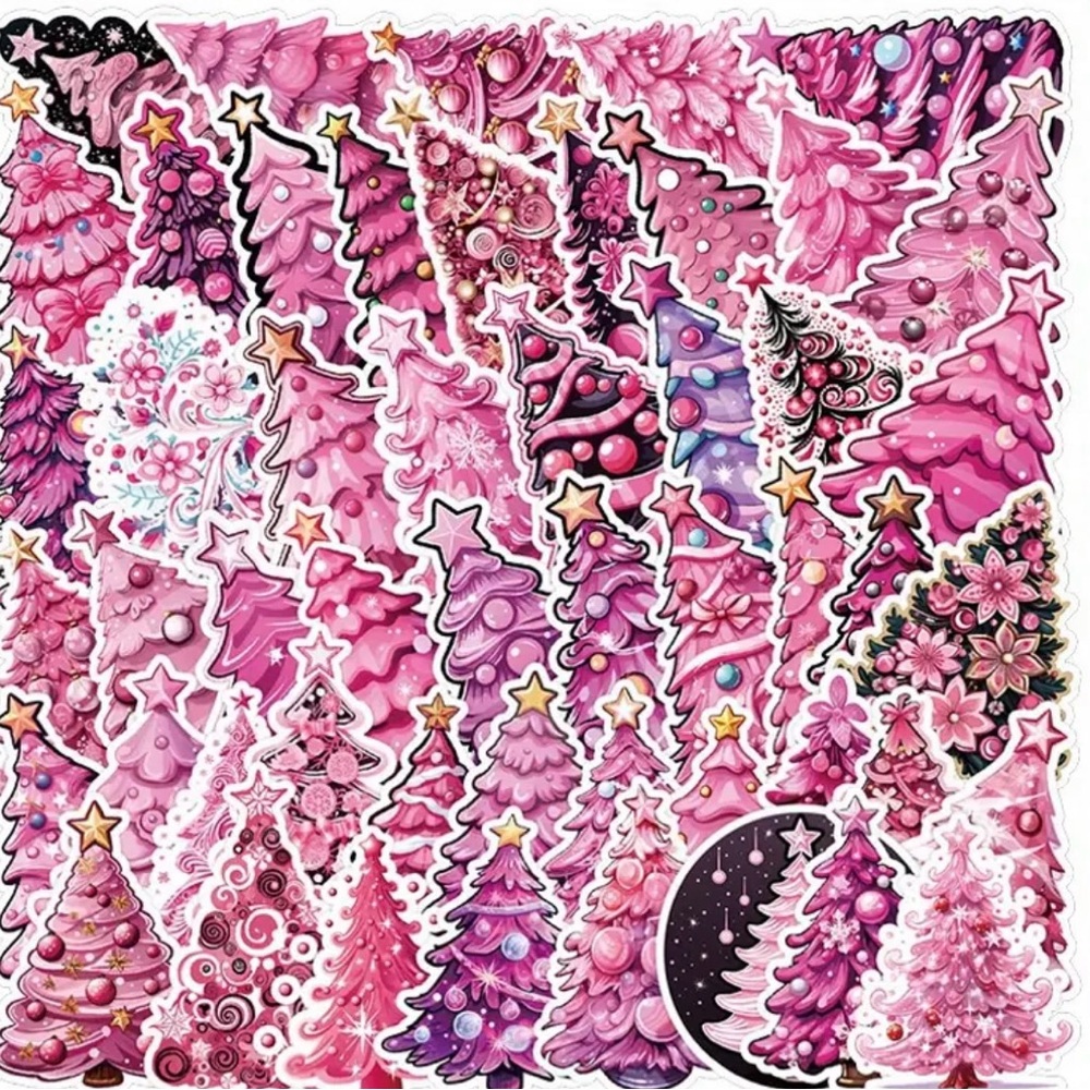 Set of 50 Pink Christmas Tree Stickers Festive Fun